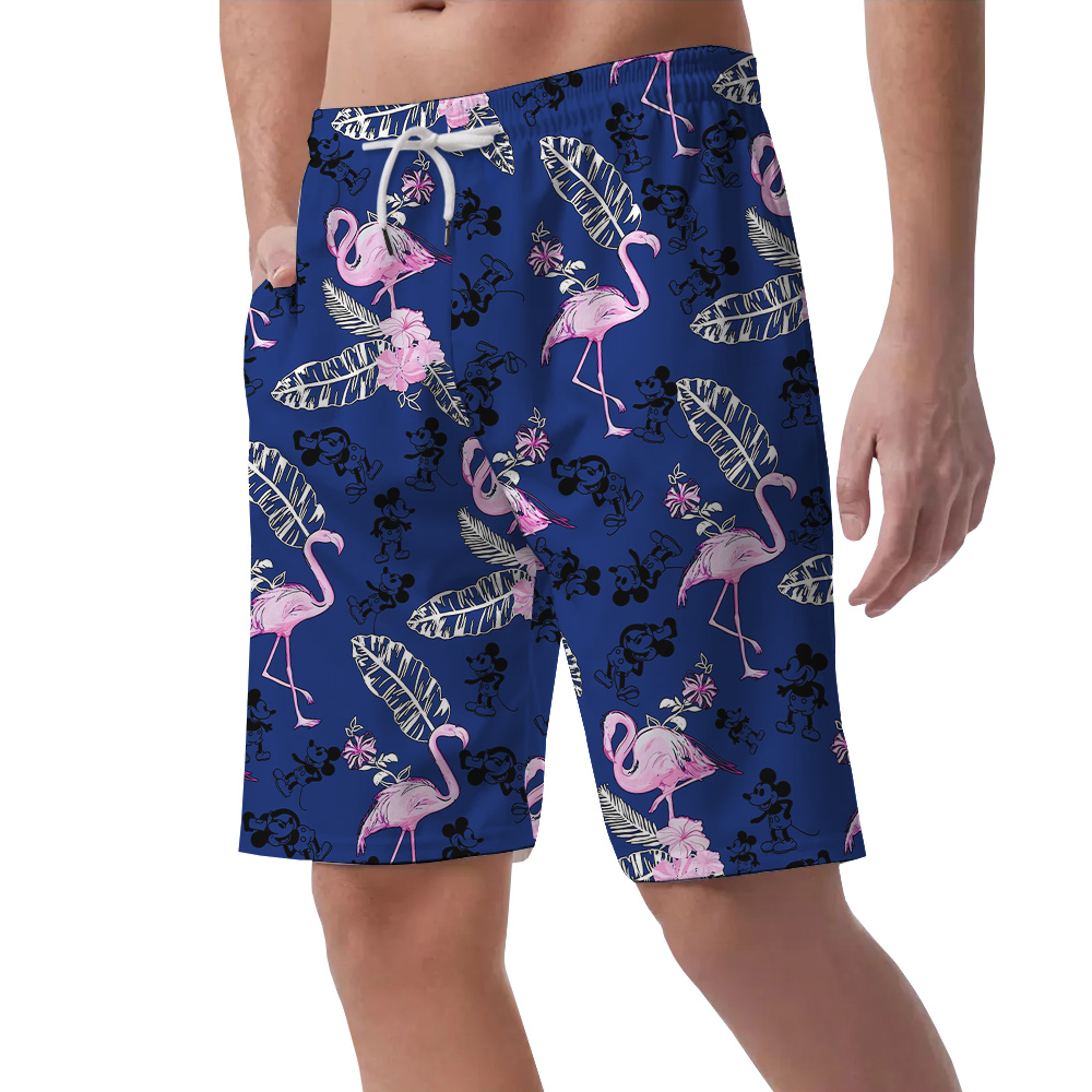 Cute Mickey Steamboat Willie Flamingo Navy Beach Shorts For Men