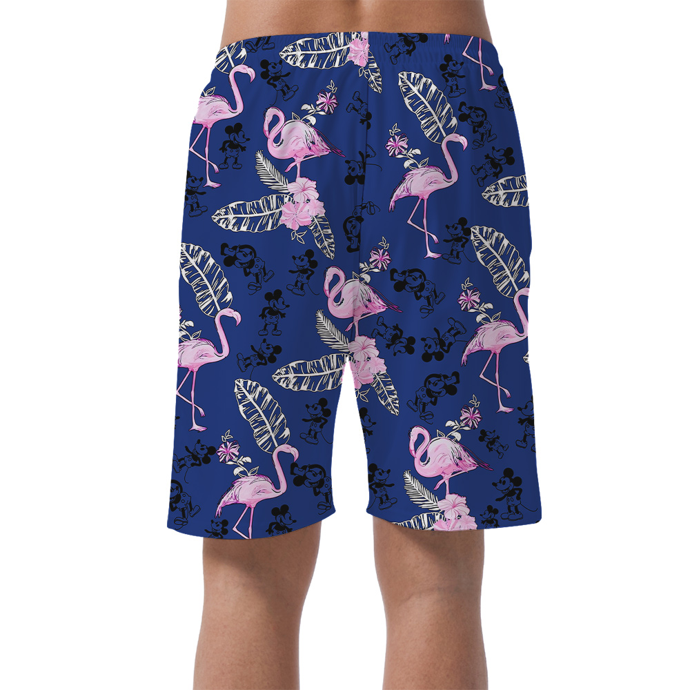 Cute Mickey Steamboat Willie Flamingo Navy Beach Shorts For Men