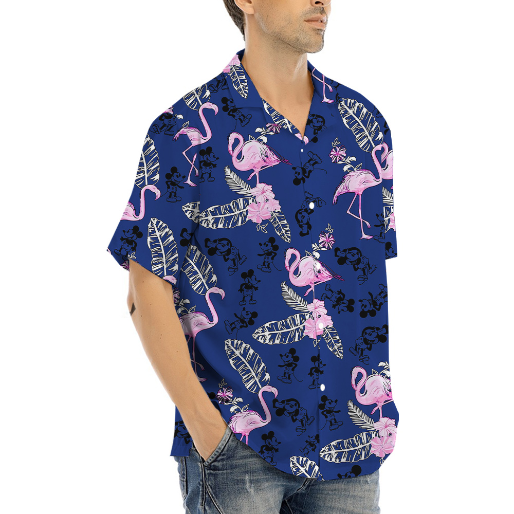 Floral Flamingo Mickey Steamboat Willie Navy Hawaiian Shirt