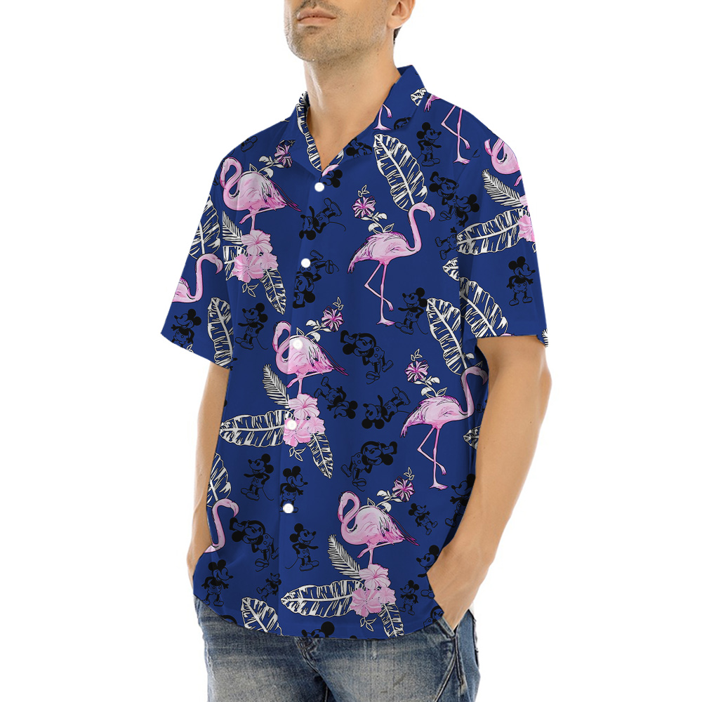 Floral Flamingo Mickey Steamboat Willie Navy Hawaiian Shirt