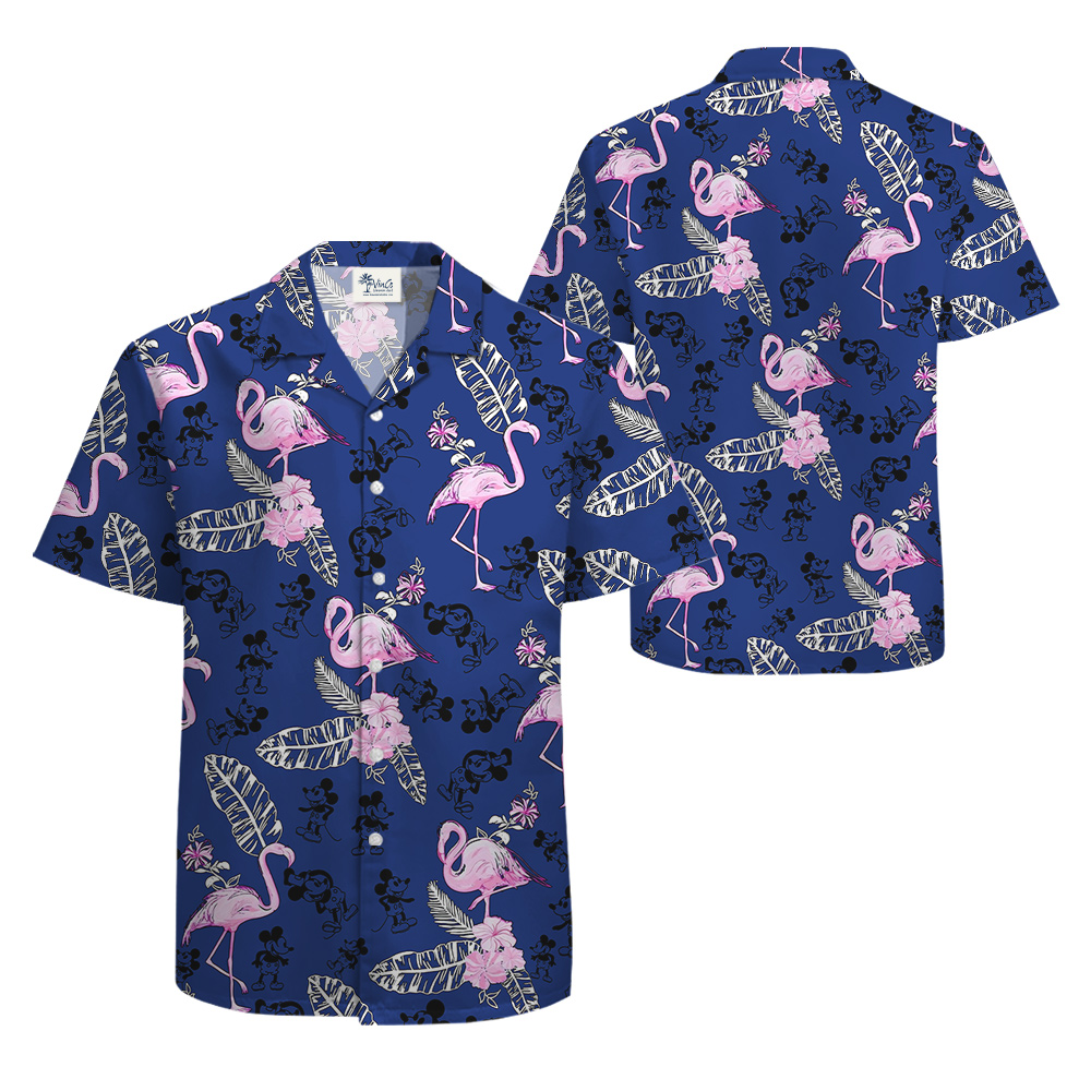 Floral Flamingo Mickey Steamboat Willie Navy Hawaiian Shirt