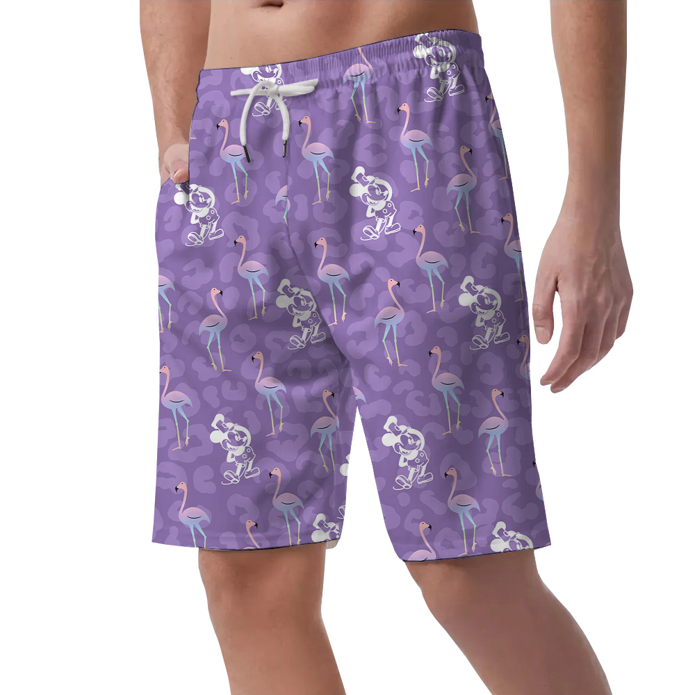 Flamingo Steamboat Willie Mickey Purple Men's Beach Shorts