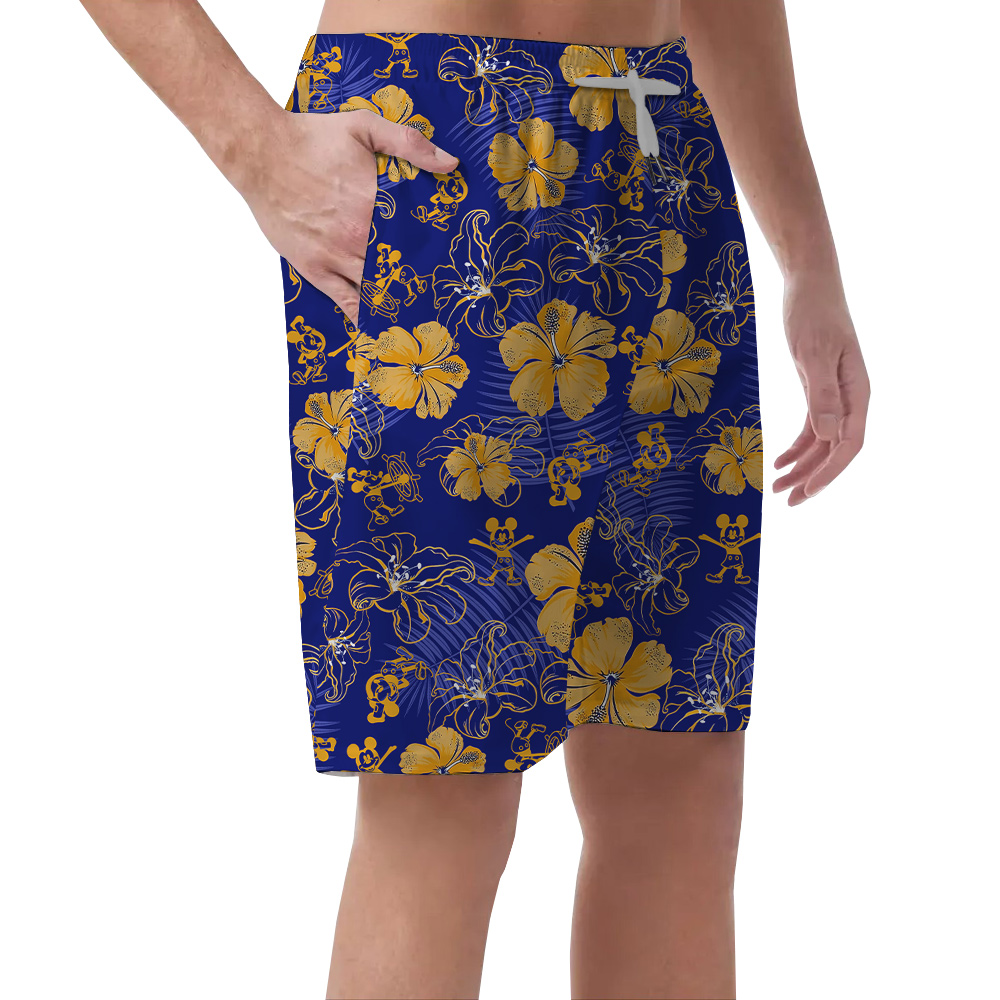 Cute Mickey Steamboat Willie Classic Floral Navy Beach Shorts For Men