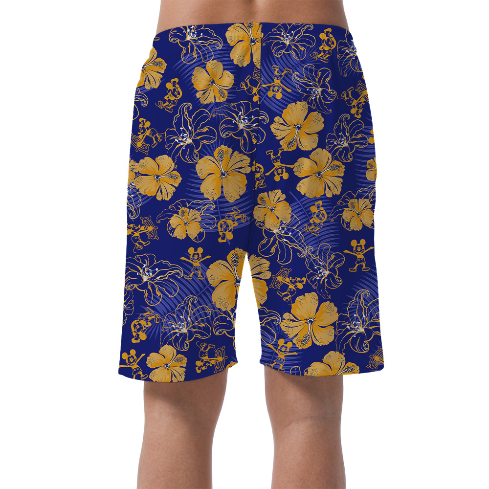 Cute Mickey Steamboat Willie Classic Floral Navy Beach Shorts For Men