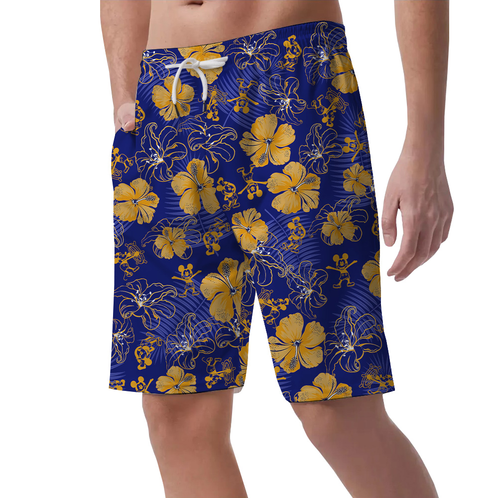 Cute Mickey Steamboat Willie Classic Floral Navy Beach Shorts For Men