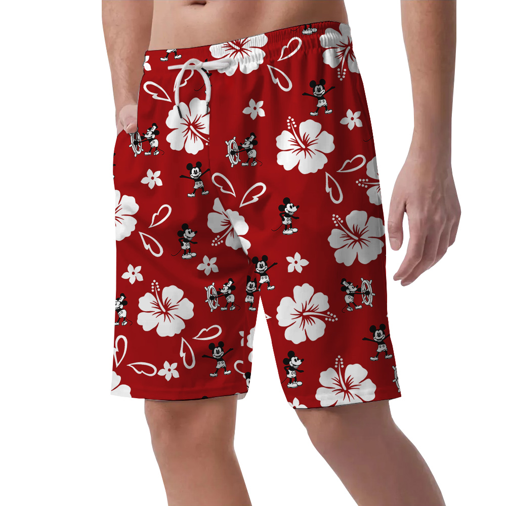 Hibiscus Mickey Steamboat Willie Classic Red Hawaiian Beach Shorts For Men