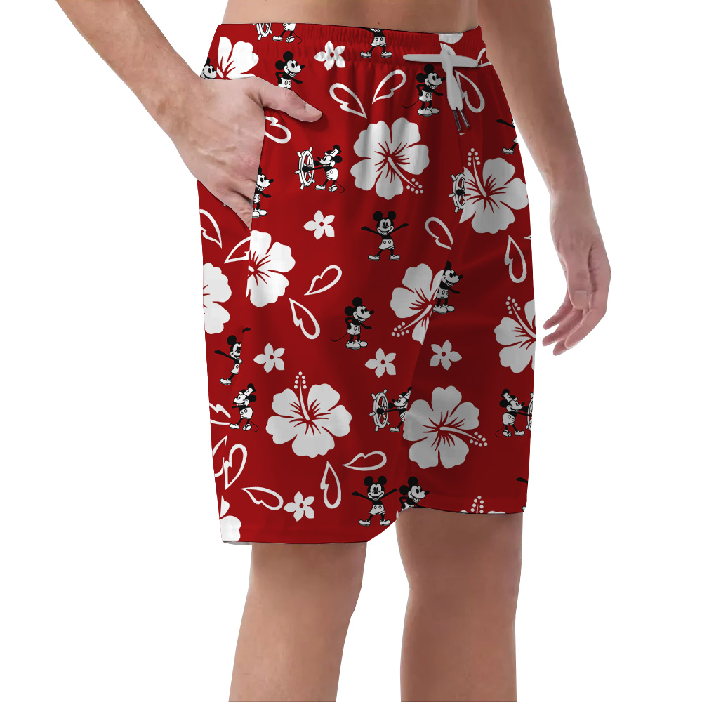 Hibiscus Mickey Steamboat Willie Classic Red Hawaiian Beach Shorts For Men