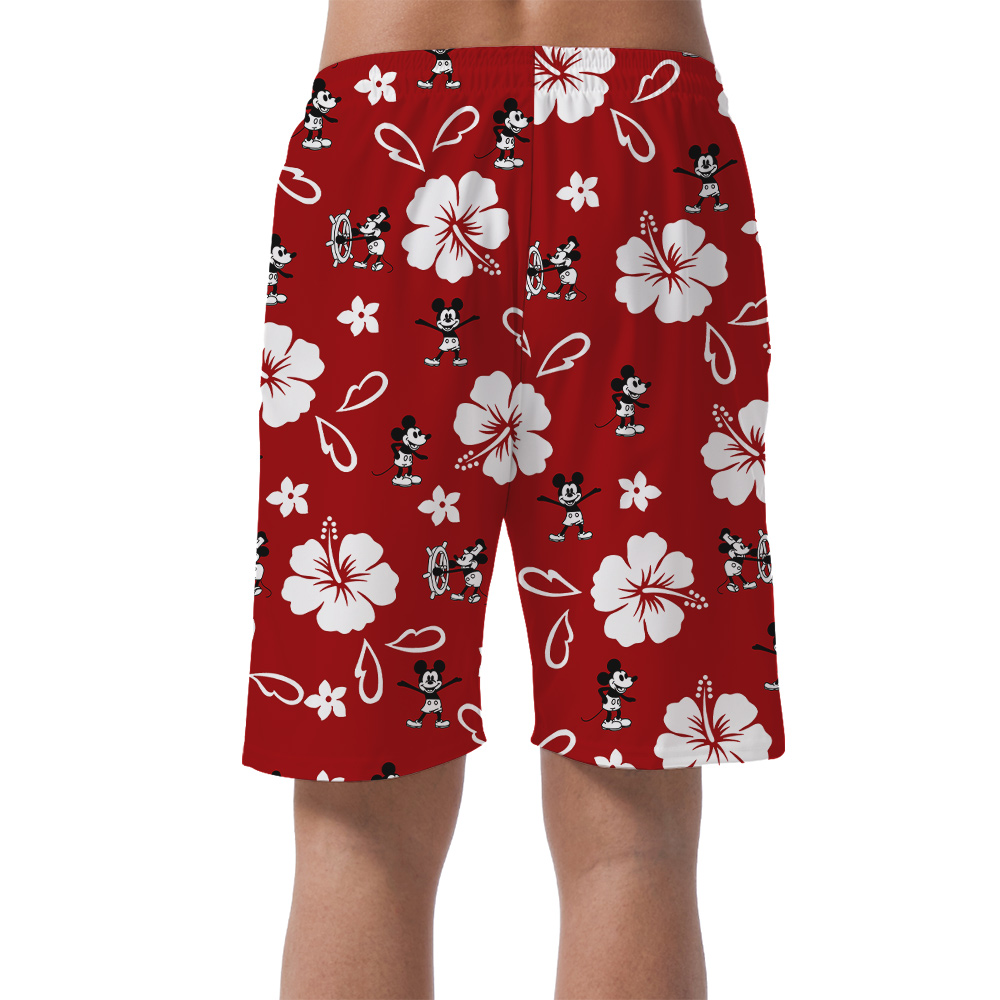 Hibiscus Mickey Steamboat Willie Classic Red Hawaiian Beach Shorts For Men