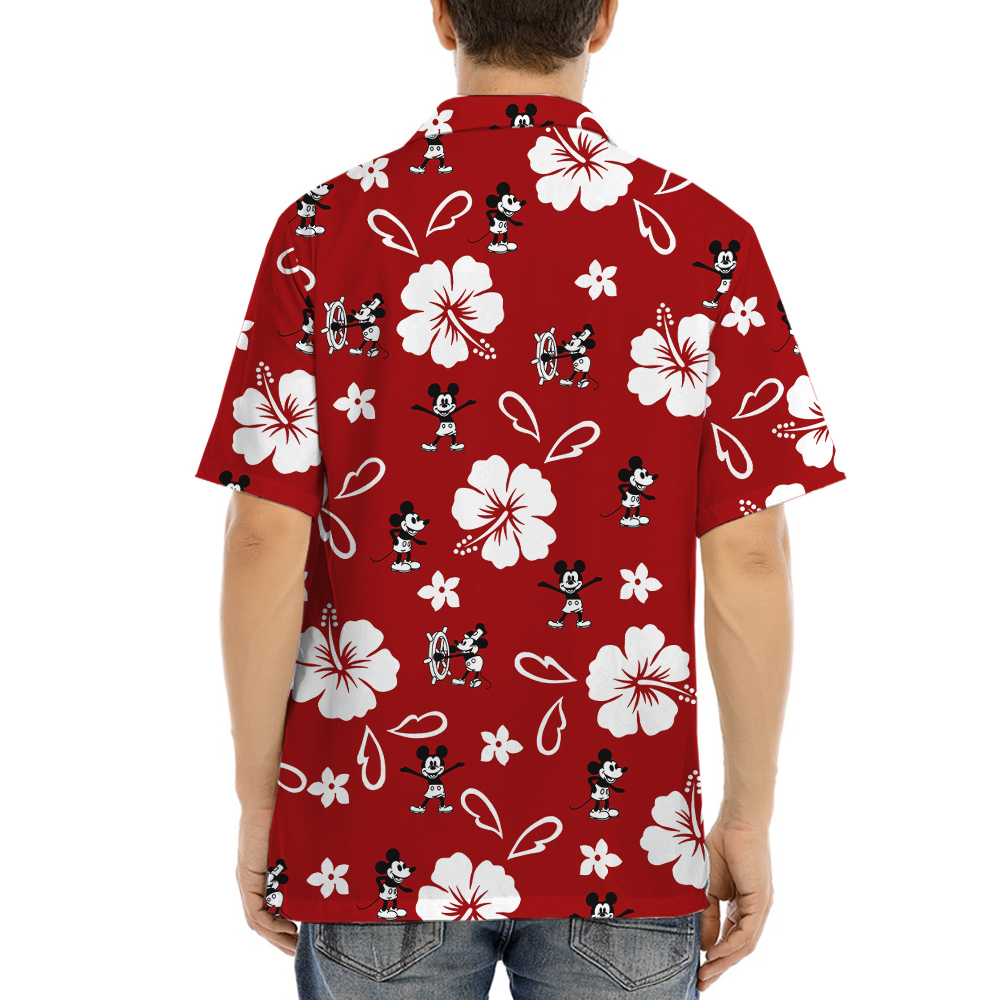 Classic Hibiscus Steamboat Willie Mickey Red Hula Shirt