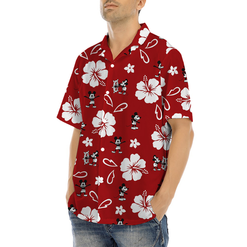 Classic Hibiscus Steamboat Willie Mickey Red Hula Shirt