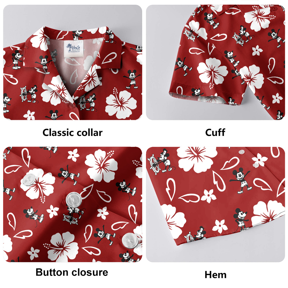 Classic Hibiscus Steamboat Willie Mickey Red Hula Shirt