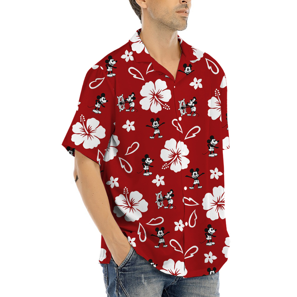 Classic Hibiscus Steamboat Willie Mickey Red Hula Shirt