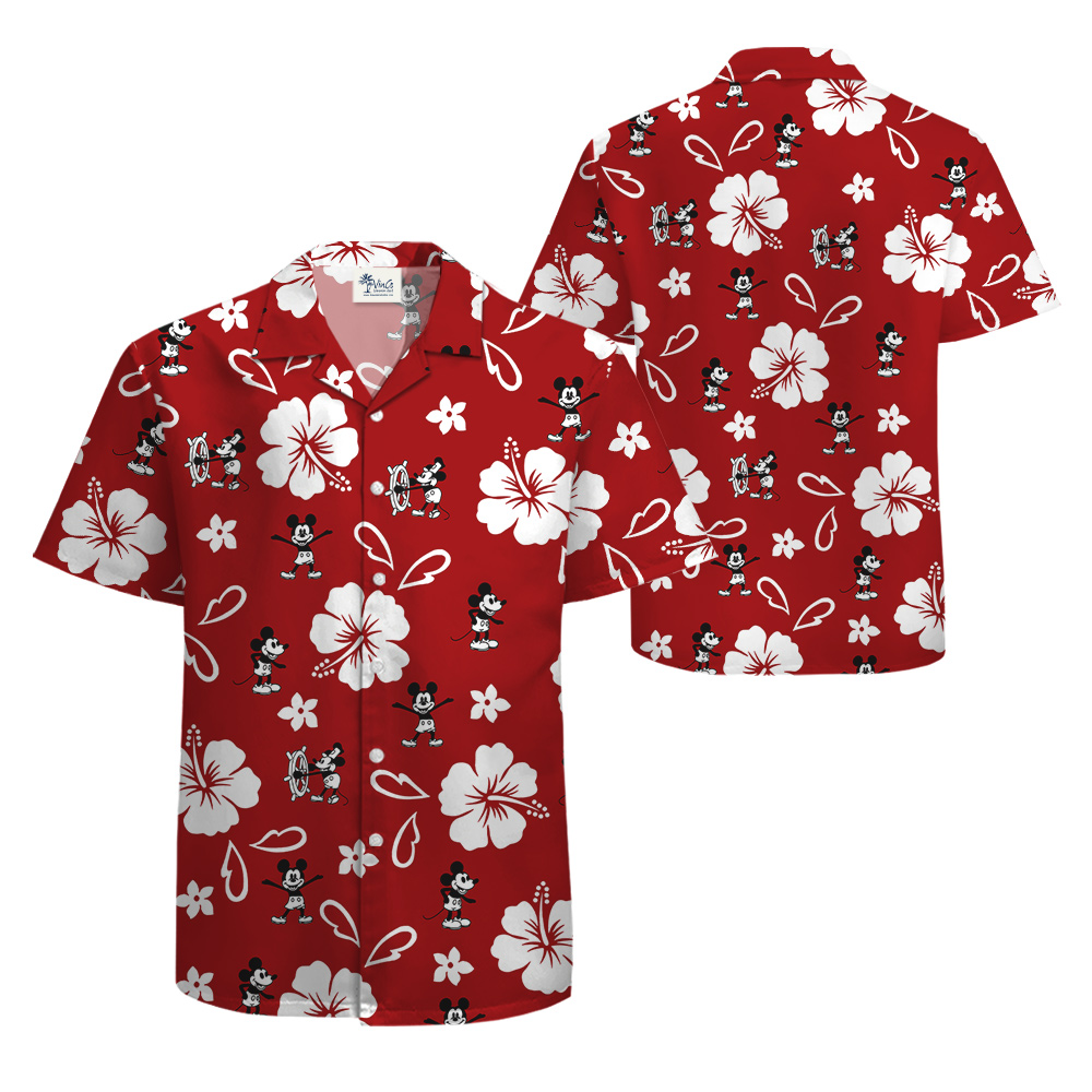 Classic Hibiscus Steamboat Willie Mickey Red Hula Shirt