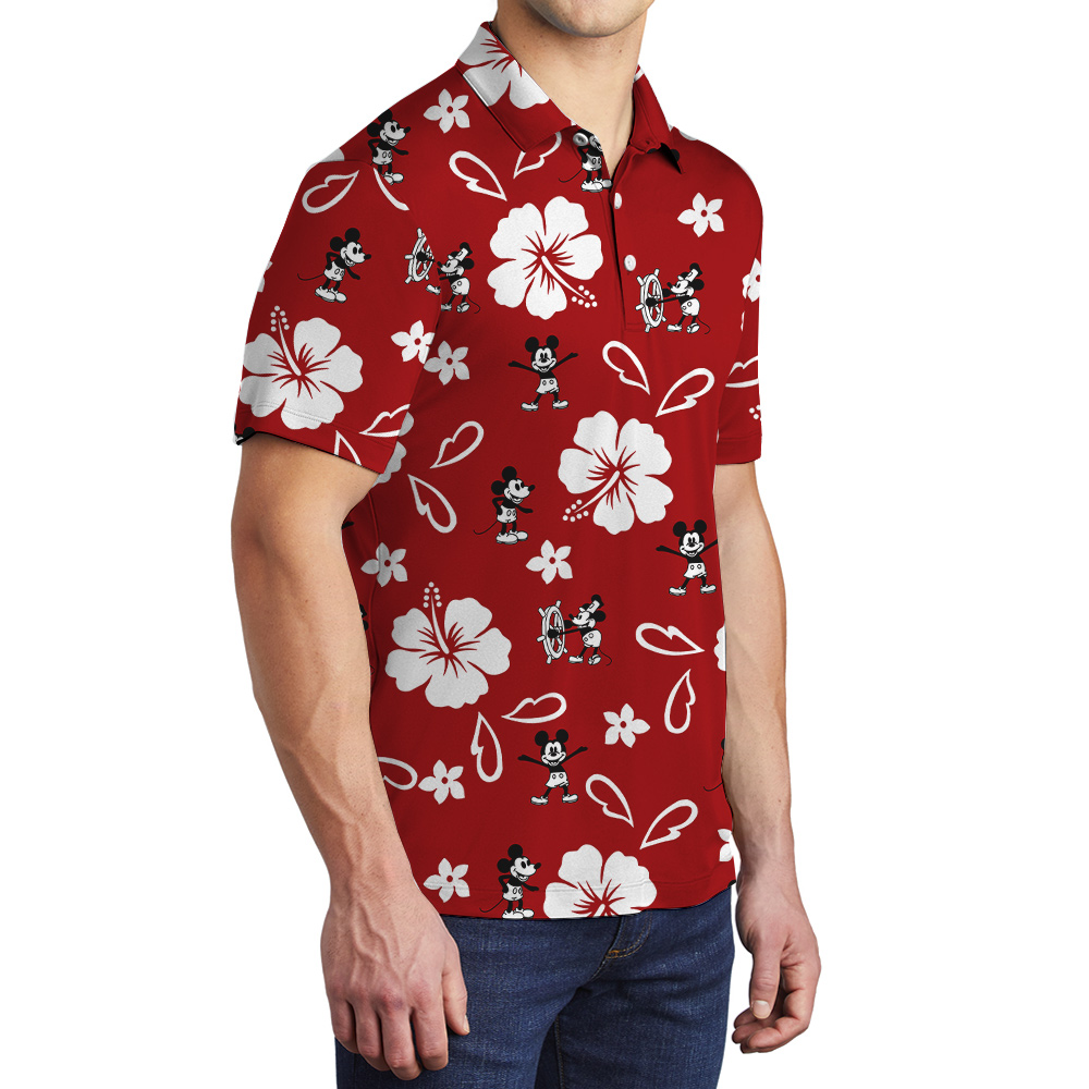 Vintage Mickey Steamboat Willie Red Hibiscus Men's Polo Shirt