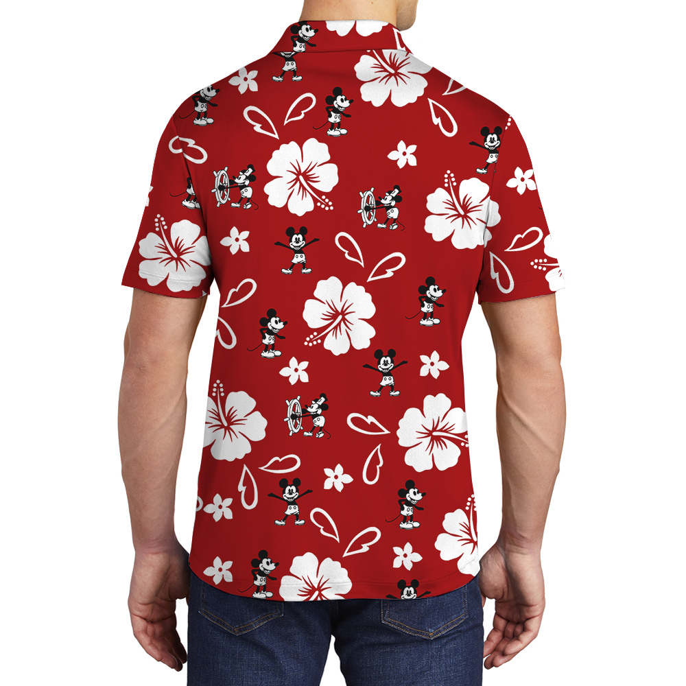 Vintage Mickey Steamboat Willie Red Hibiscus Men's Polo Shirt