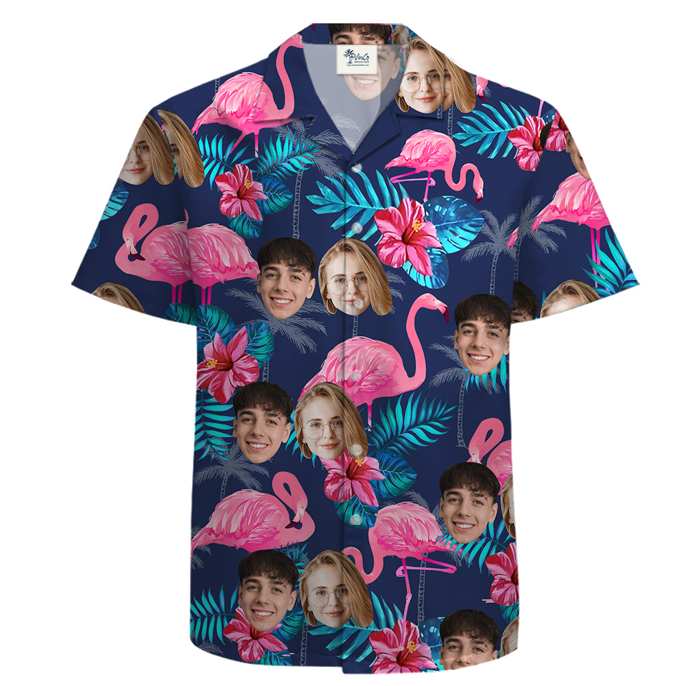 Custom 1-4 Faces Cotton Button Up Shirt, Tropical Flamingo Theme - variant image 1