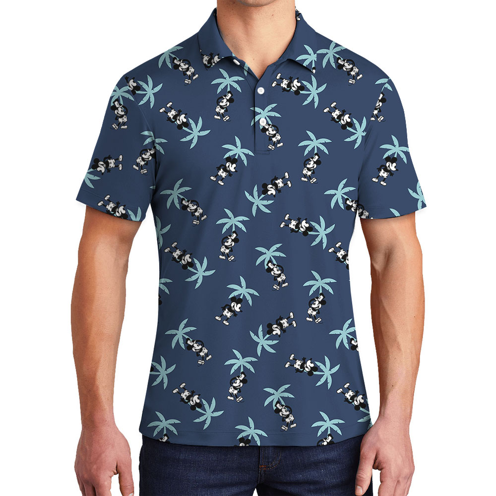 Navy Palm Trees Mickey Steamboat Willie Men's Polo Golf Shirt - variant image 1