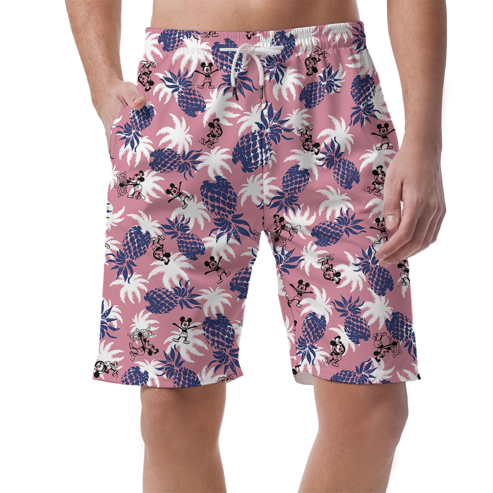 Vintage Pineapple Mickey Steamboat Willie Pink Men's Beach Shorts - variant image 1