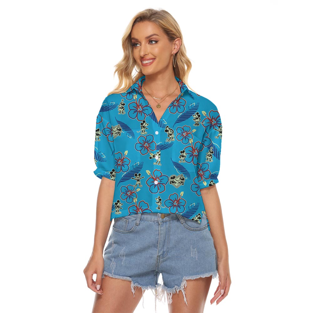 Blue Mickey Minnie Crop Top Hawaiian Shirt Women - variant image 1