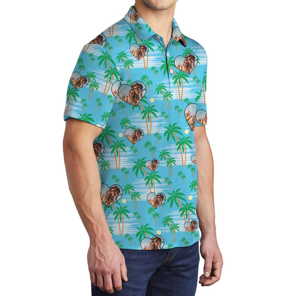 Custom Photo Beach Men's Polo Shirt With Heart Shape
