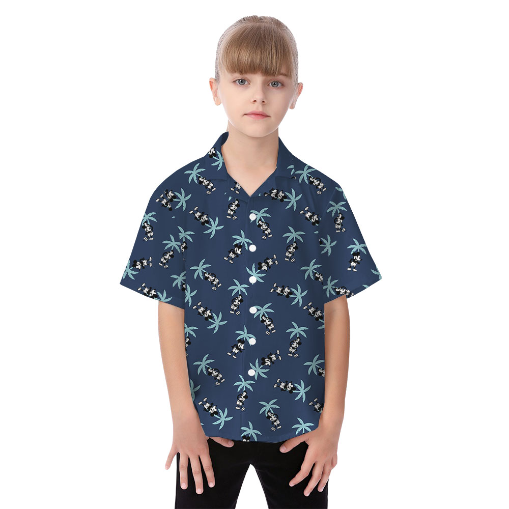 Palm Trees Mickey Steamboat Willie Navy Family Hawaiian Matching Outfits