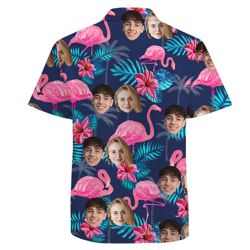 Custom 1-4 Faces Cotton Button Up Shirt, Tropical Flamingo Theme