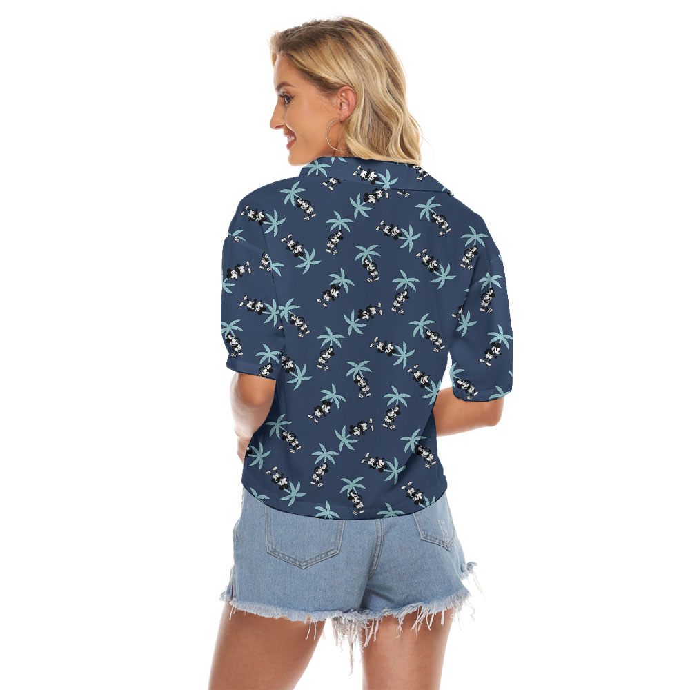 Cute Mickey Steamboat Willie Navy Palm Trees Women's Cropped Shirt