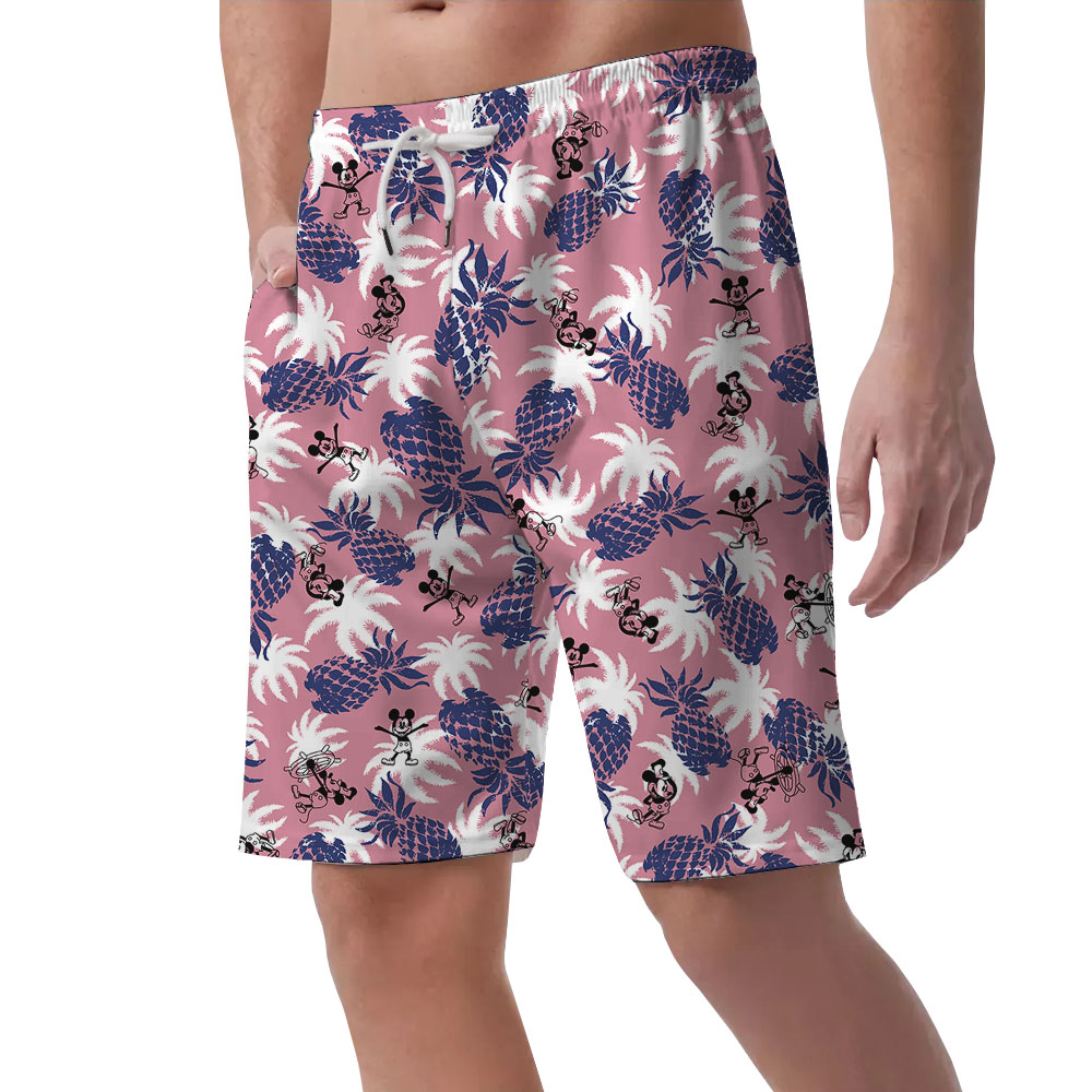 Vintage Pineapple Mickey Steamboat Willie Pink Men's Beach Shorts