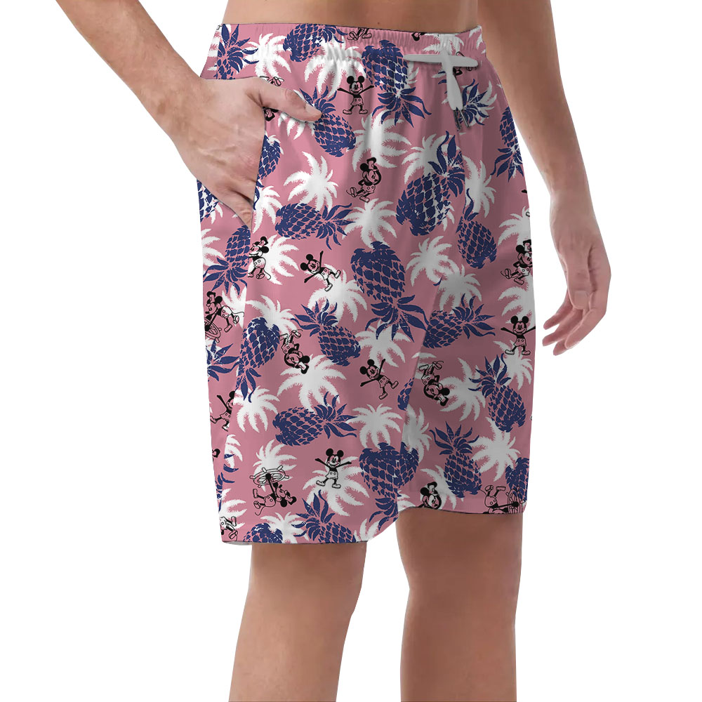 Vintage Pineapple Mickey Steamboat Willie Pink Men's Beach Shorts