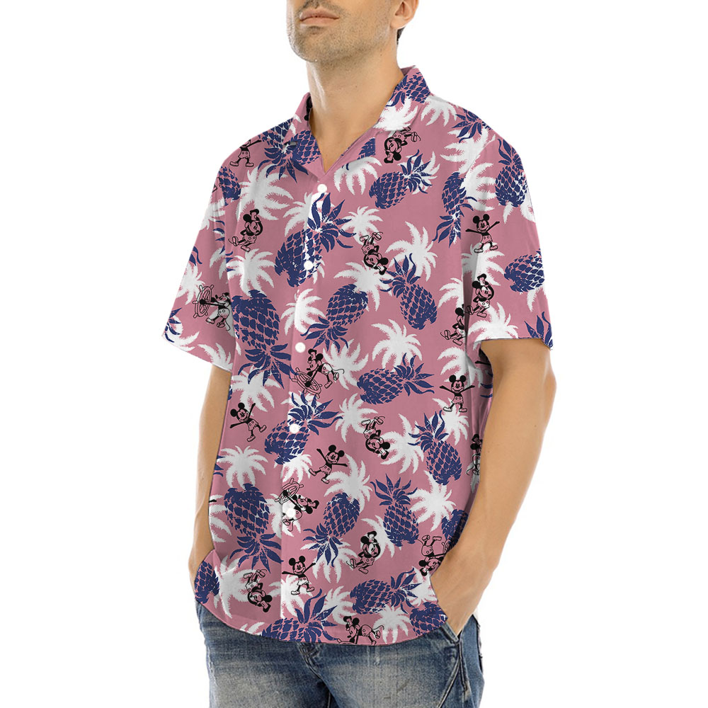 Vintage Pineapple Steamboat Willie Mickey Pink Hula Shirt