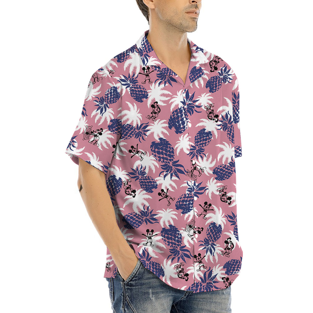 Vintage Pineapple Steamboat Willie Mickey Pink Hula Shirt