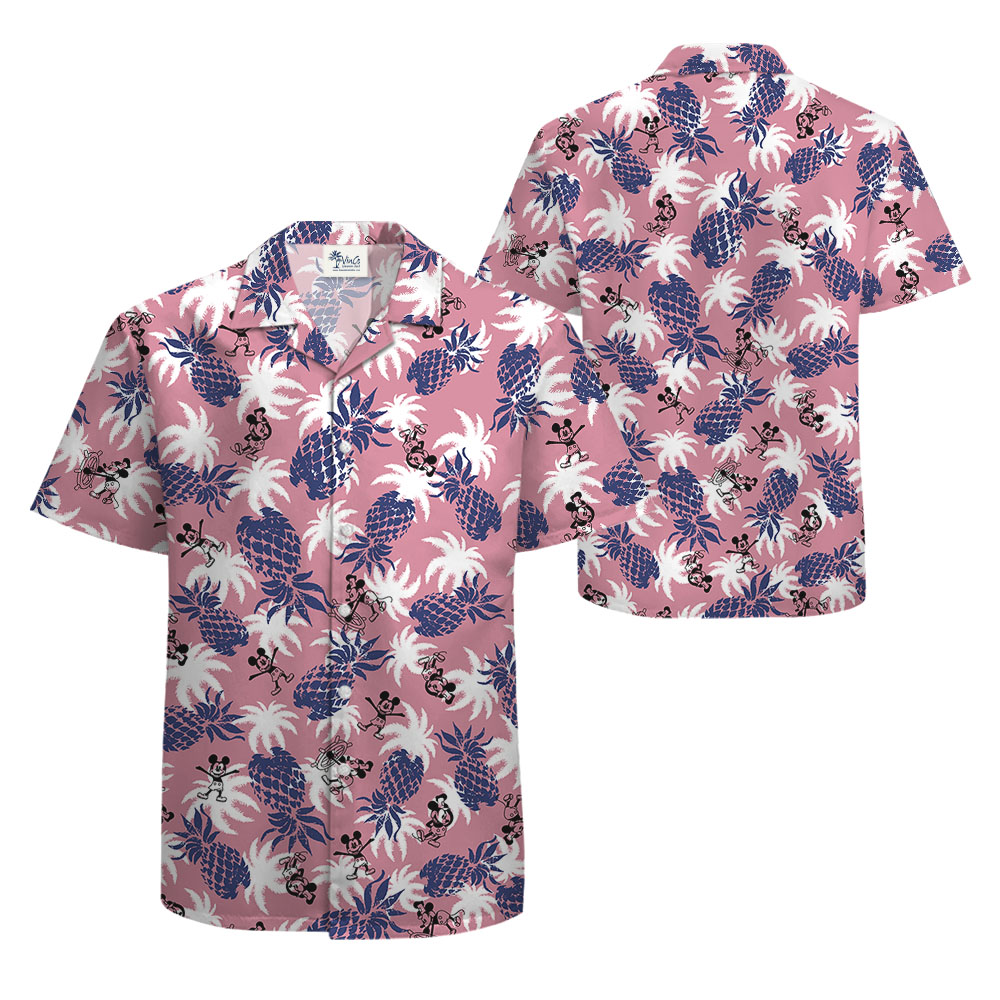 Vintage Pineapple Steamboat Willie Mickey Pink Hula Shirt