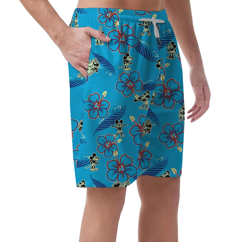 Funny Mickey Minnie Men's Blue Hibiscus Shorts