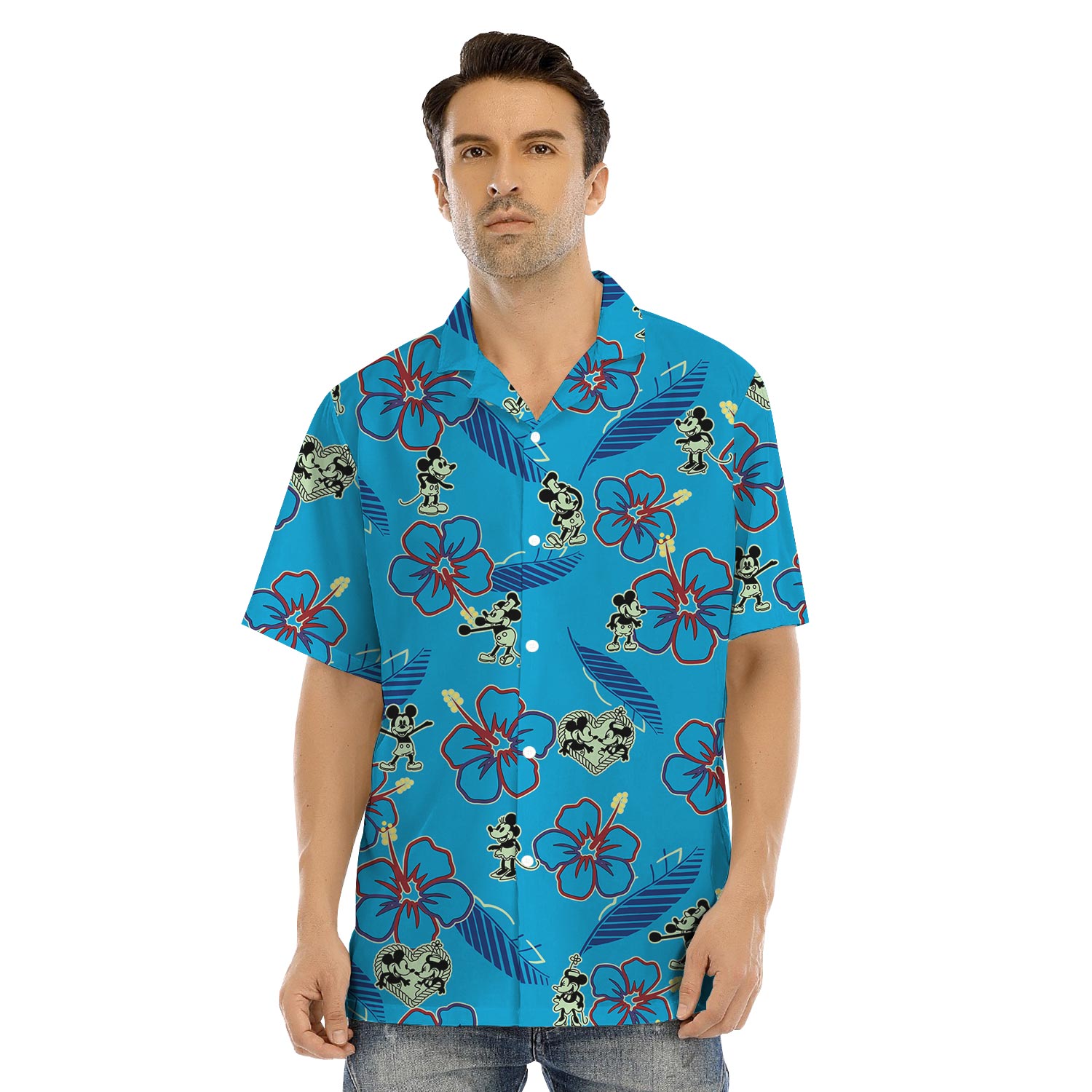 Cute Blue Matching Mickey Minnie Hawaiian Shirt For Family