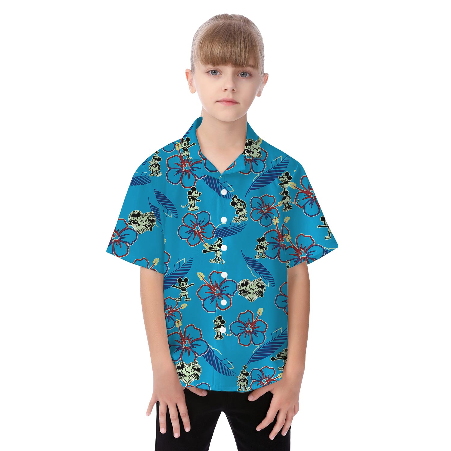 Cute Blue Matching Mickey Minnie Hawaiian Shirt For Family