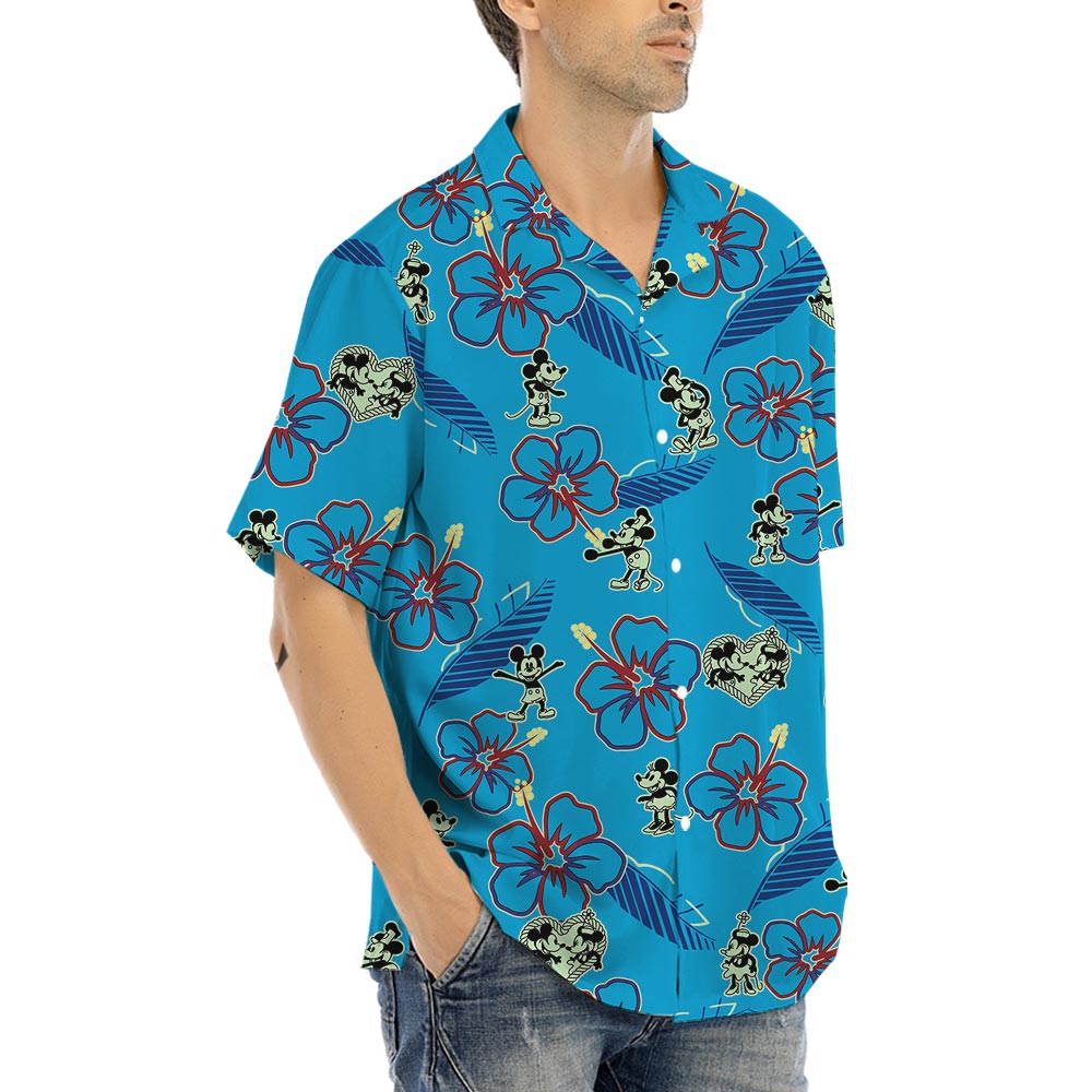Mickey Minnie Blue Aloha Shirts Mens Steamboat Willie