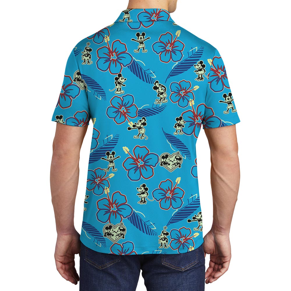 Blue Mickey Minnie Floral Polo Shirt For Men