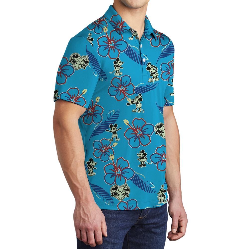 Blue Mickey Minnie Floral Polo Shirt For Men