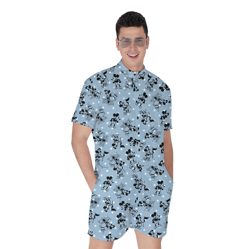 Patriotic Steamboat Willie Mickey Blue Men's Hawaiian Romper - variant image 1