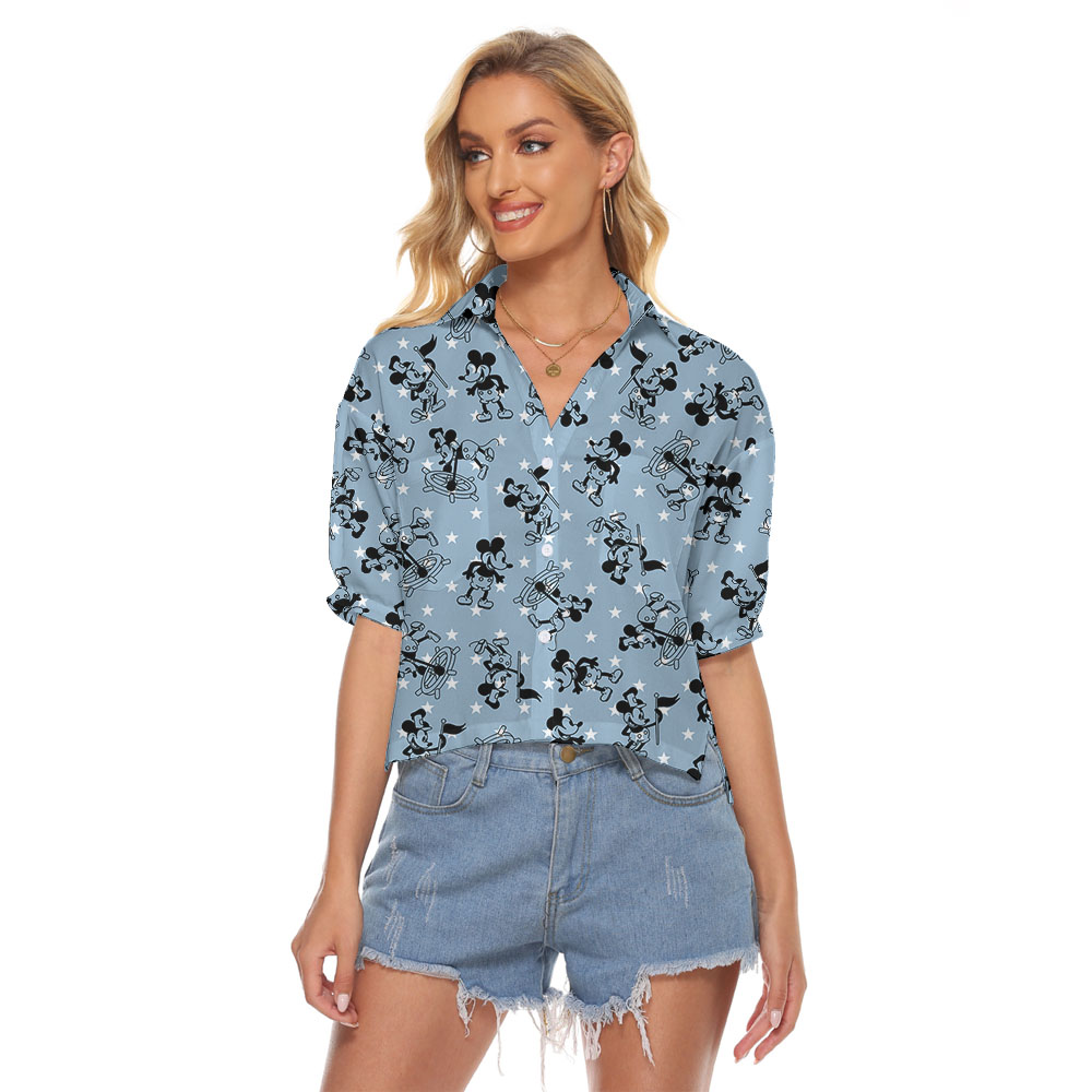 Patriotic Mickey Steamboat Willie Blue Women's Cropped Shirt - variant image 1