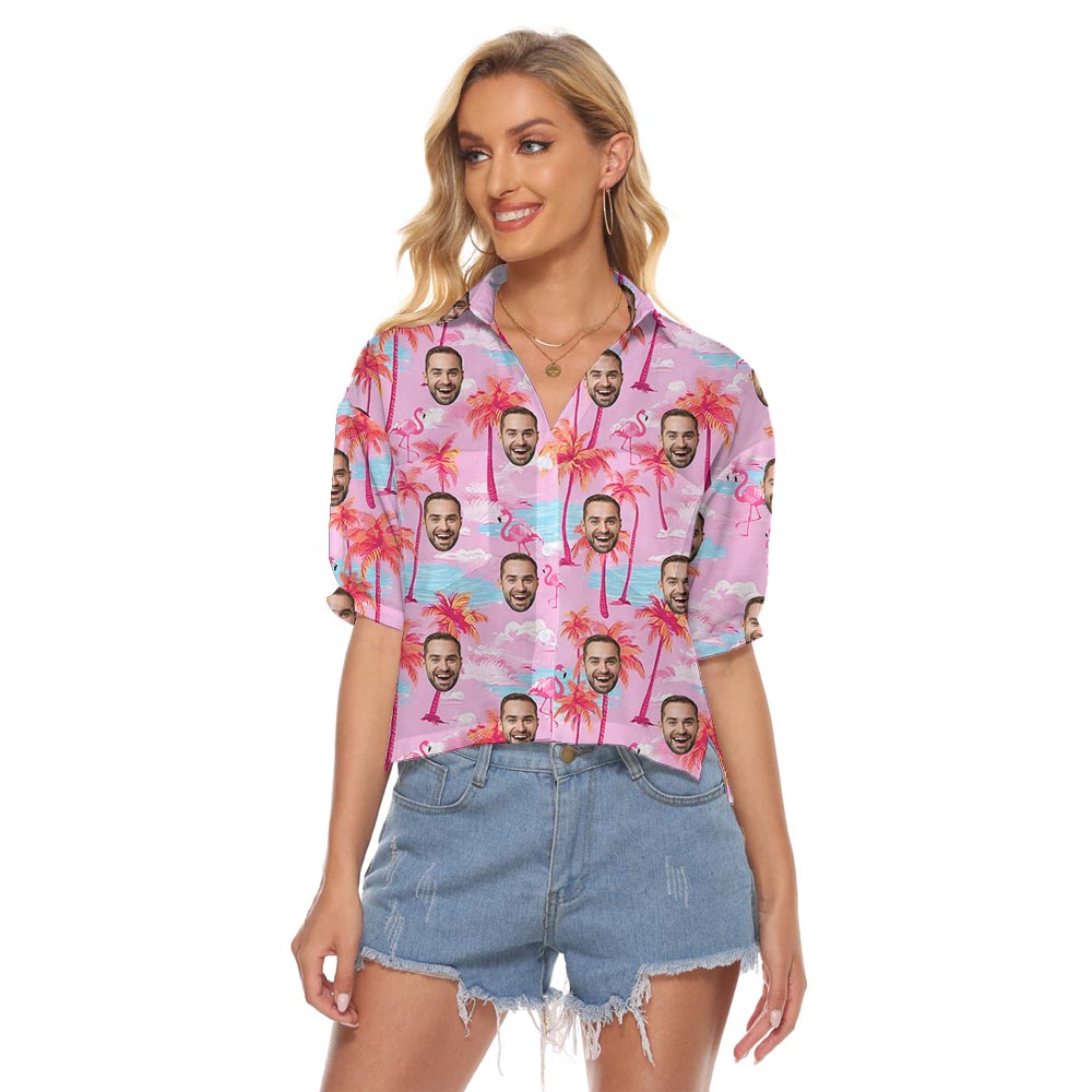 Custom Pink Tropical Cropped Hawaiian Shirts For Ladies - variant image 1