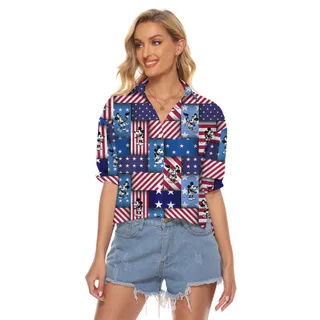 Mickey Steamboat Willie Patriotic Blue Hawaiian Cropped Shirt