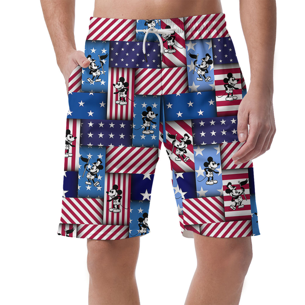 American Flag Steamboat Willie Mickey Blue Beach Shorts For Men - variant image 1
