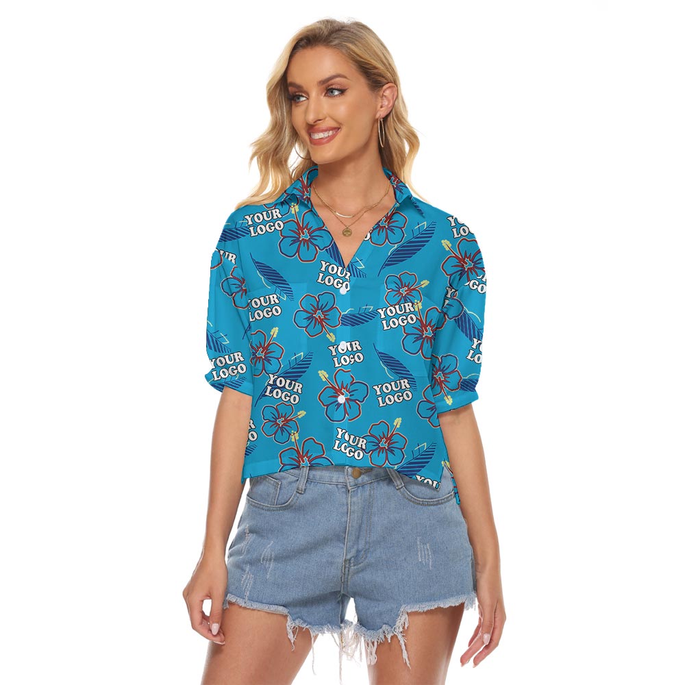 Cool Blue Women's Cropped Hawaiian Shirt With Custom Logo - variant image 1