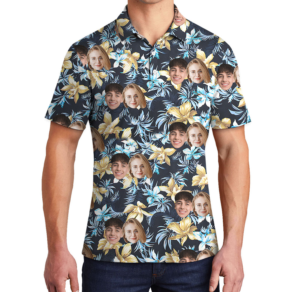 Floral Men's Golf Shirt With Multiple Photos On Them - variant image 1