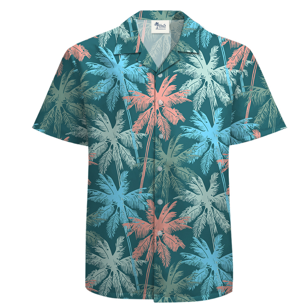 100% Cotton Button Up Shirt for Men with Teal and Pink Palm Theme - variant image 1