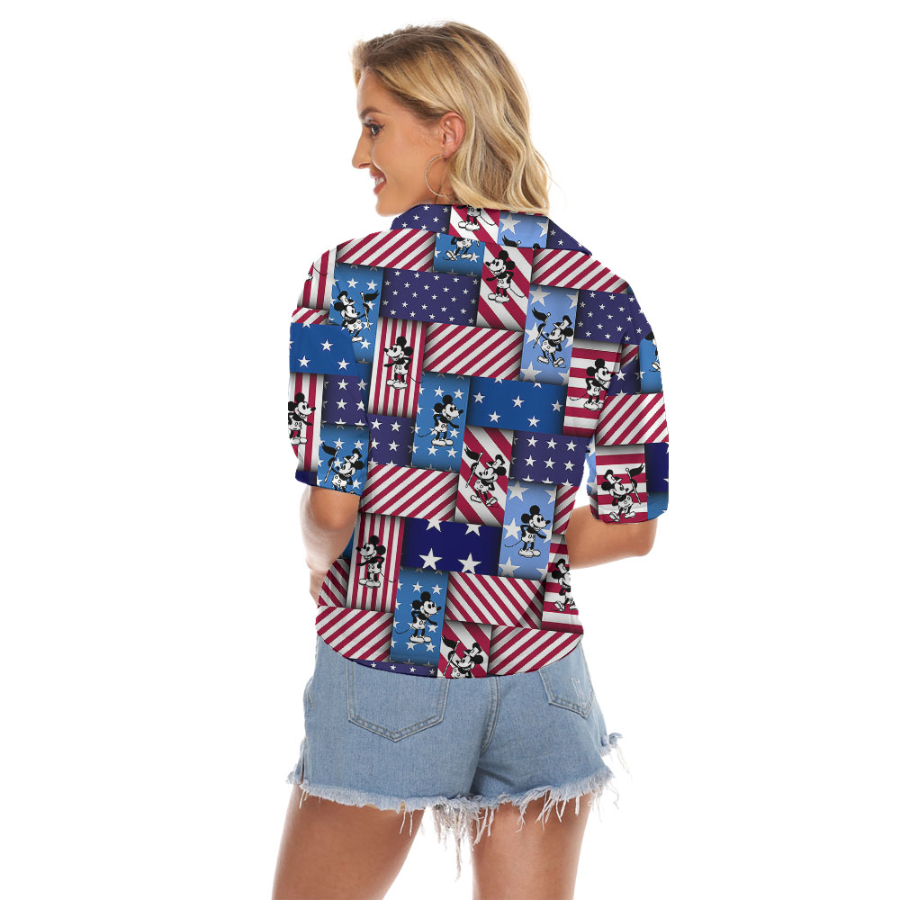 Mickey Steamboat Willie Patriotic Blue Hawaiian Cropped Shirt