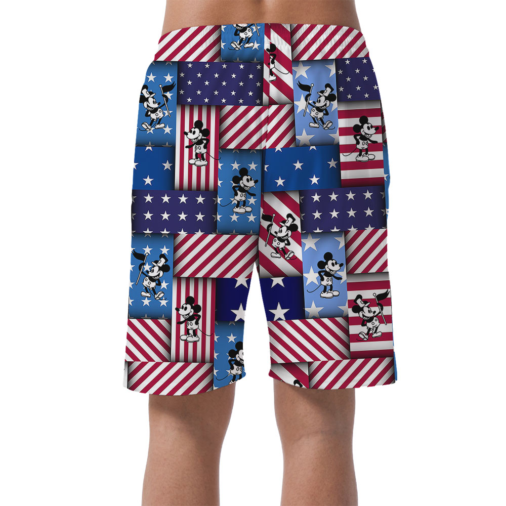 American Flag Steamboat Willie Mickey Blue Beach Shorts For Men