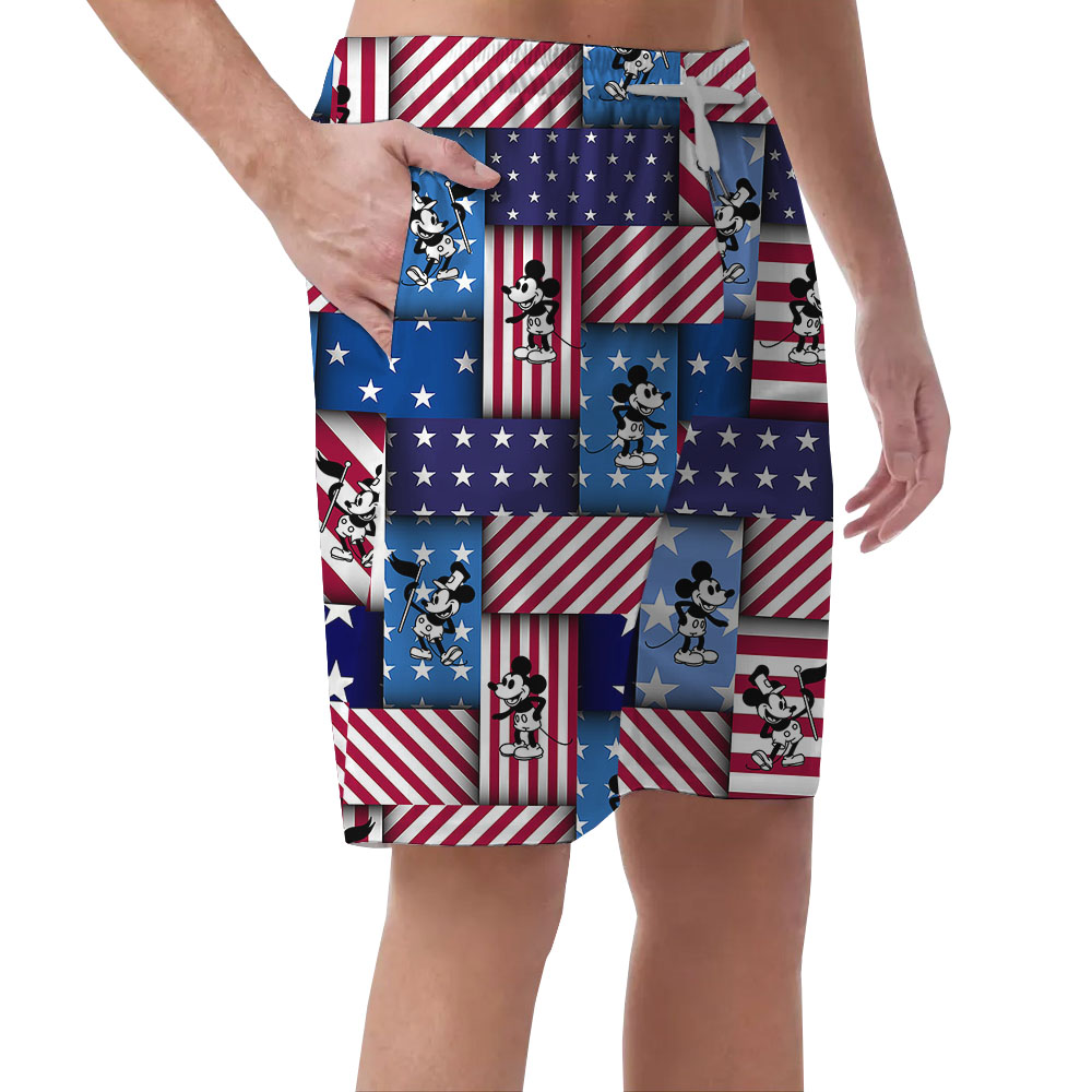 American Flag Steamboat Willie Mickey Blue Beach Shorts For Men