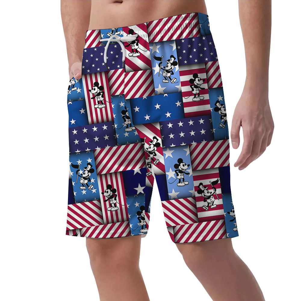 American Flag Steamboat Willie Mickey Blue Beach Shorts For Men
